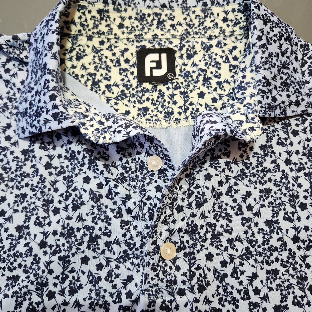 FootJoy Polo Shirt Mens Large Blue Floral Print Golf Performance Stretch Top